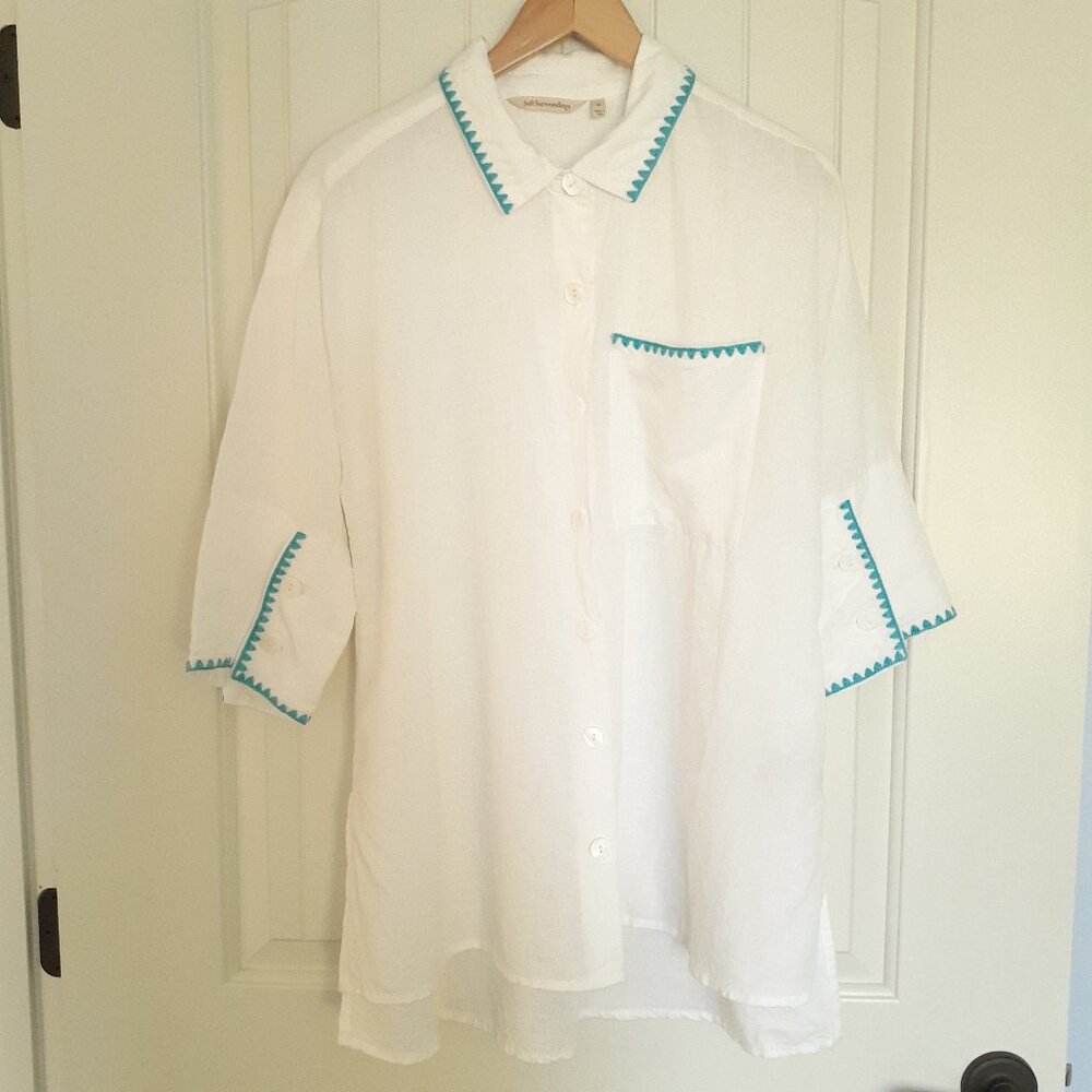 Soft Surroundings Linen Blend Button Up Short Sleeve Tunic White Size M